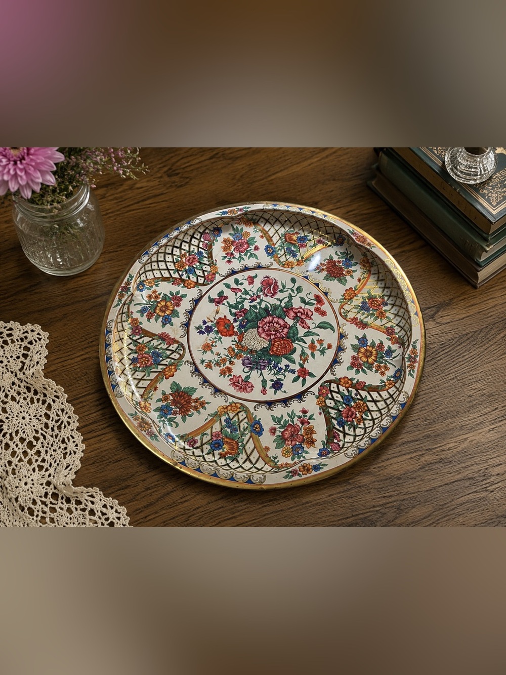 Vintage Daher Metal Tray Plate Platter Flowers w/Gold Decorated Made In England